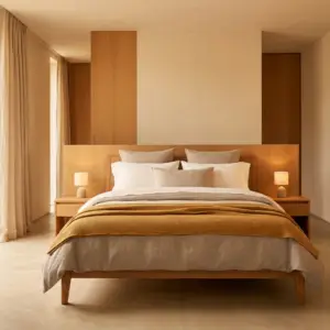 Suite lumineuse aux tons dorés, matelas Solis Signature Hôtelière